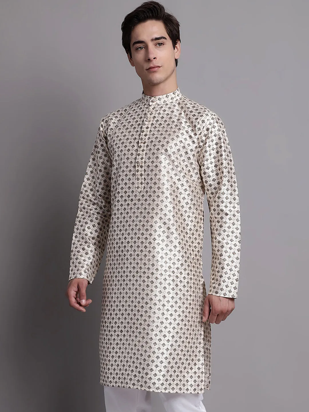 Men'S Grey Printed Silk Blend Kurta