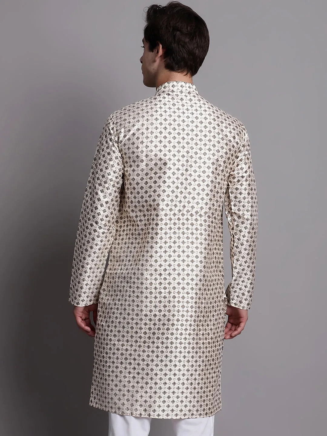 Men'S Grey Printed Silk Blend Kurta
