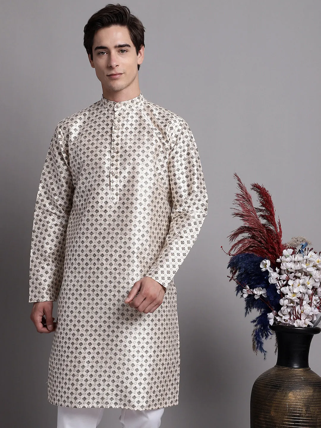 Men'S Grey Printed Silk Blend Kurta