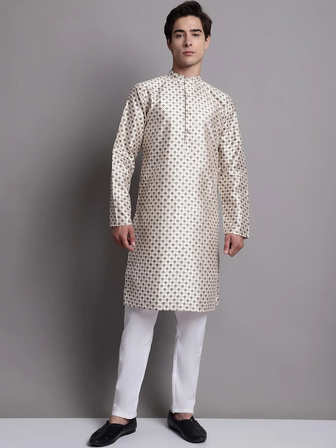 Men'S Grey Printed Silk Blend Kurta