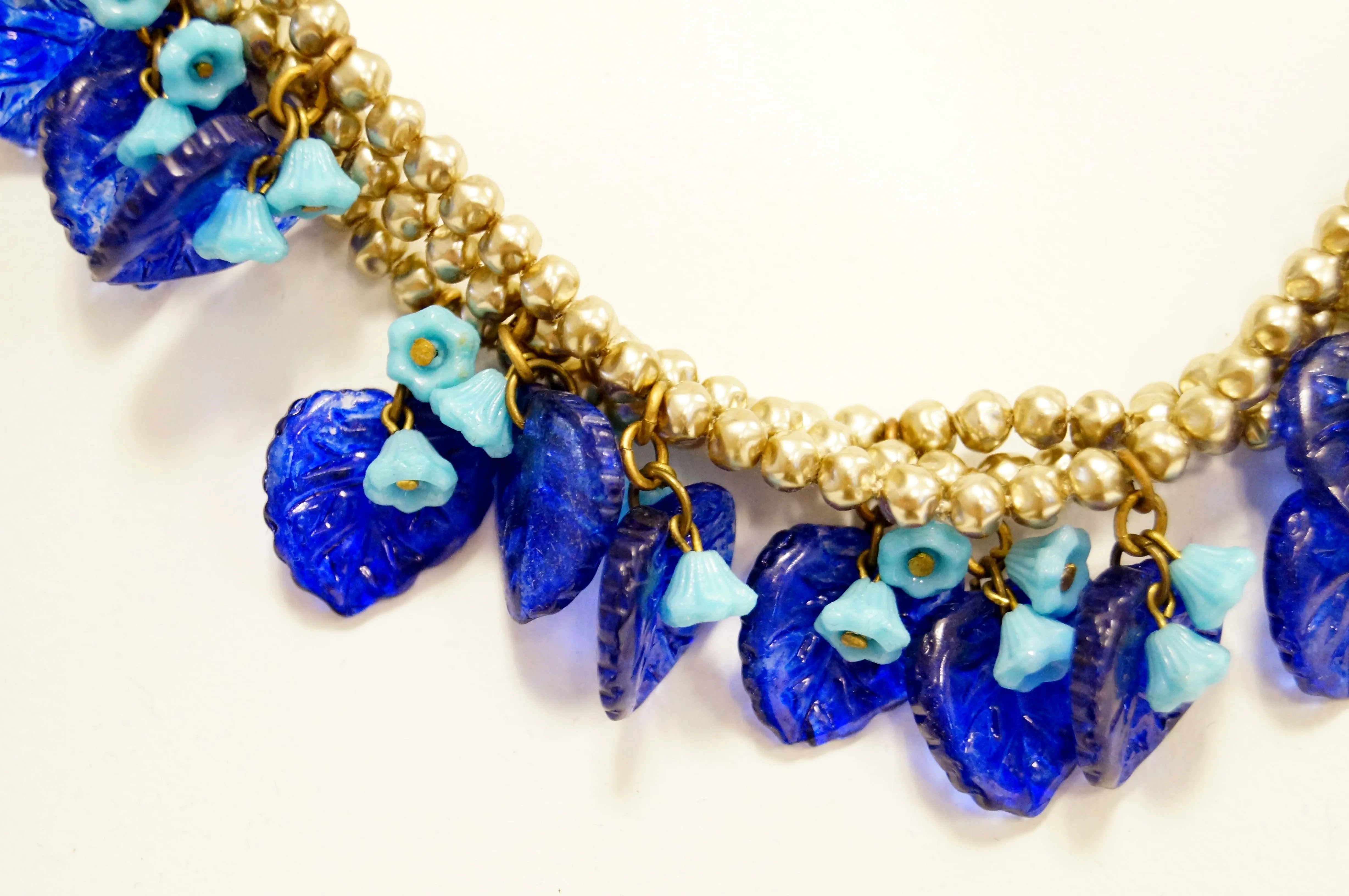 Mid Century Miriam Haskell Poured Art Glass Cobalt Flower Necklace