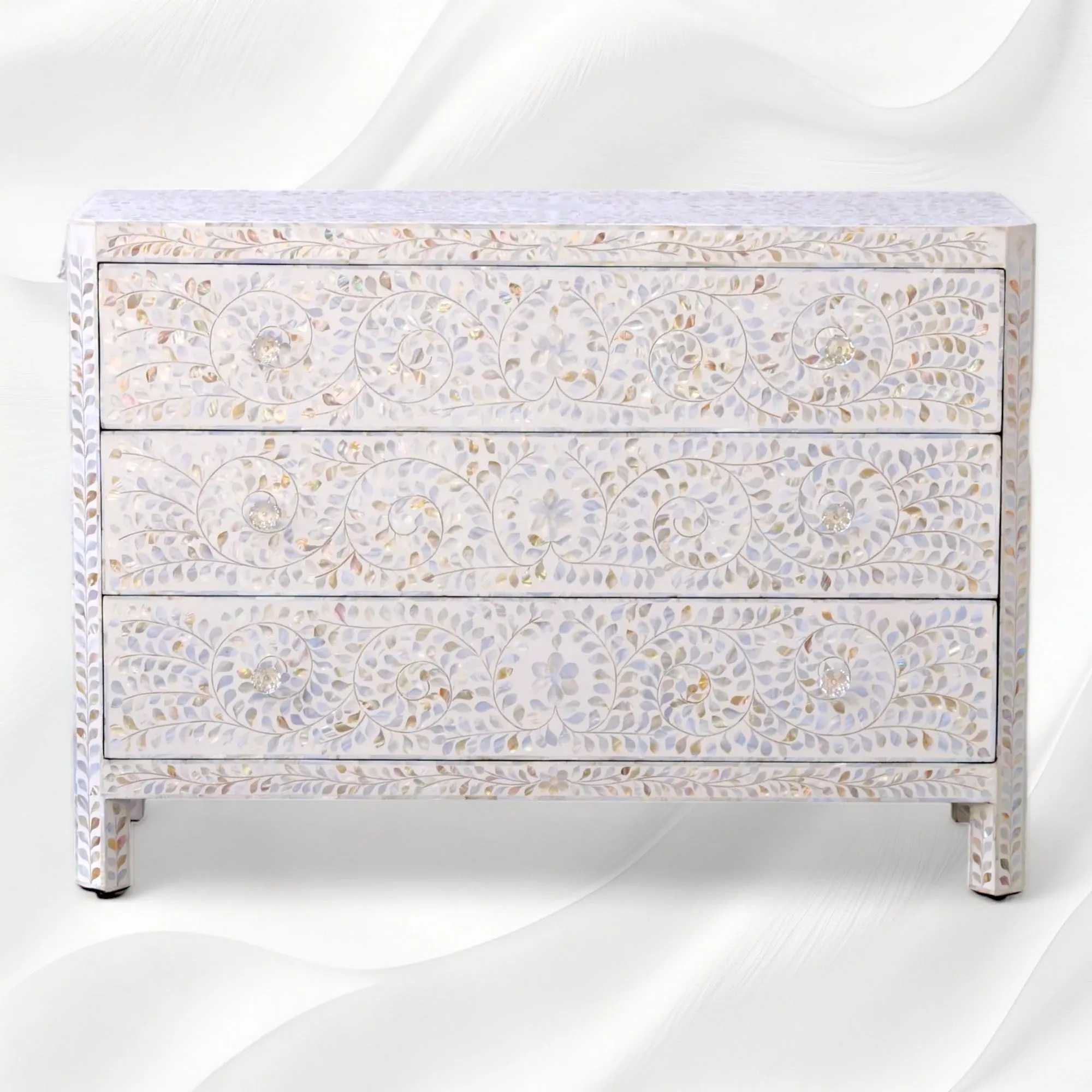 MOP Inlay Edge Floral 3 Drawer Dresser White
