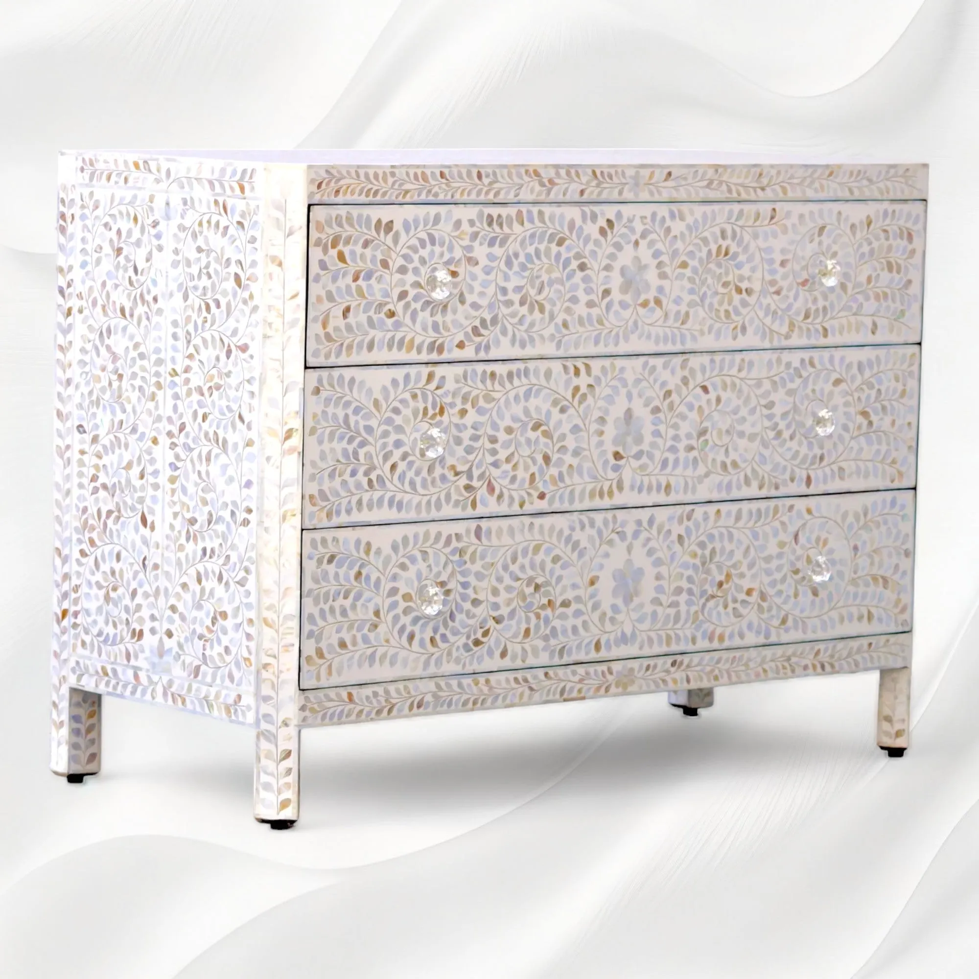 MOP Inlay Edge Floral 3 Drawer Dresser White
