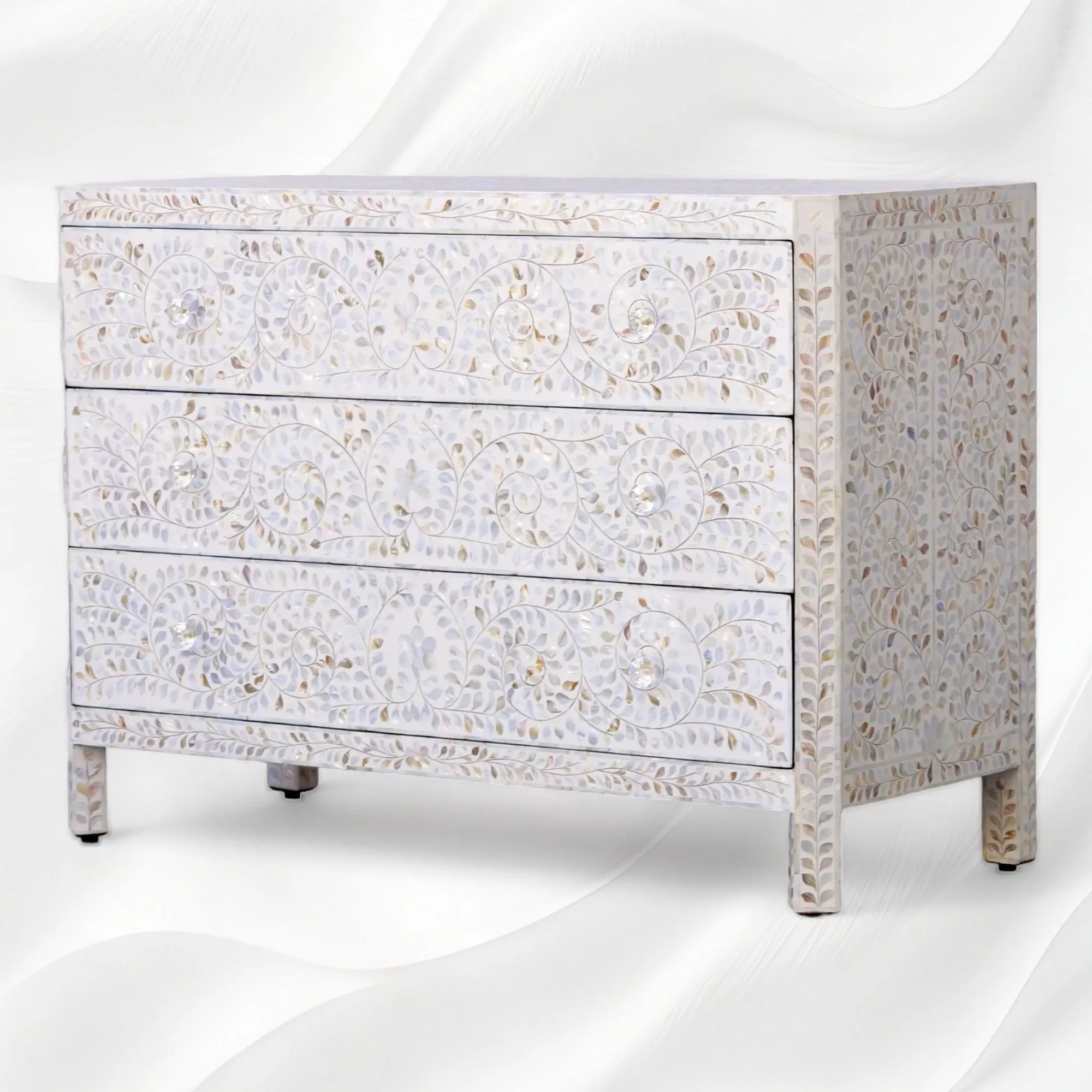 MOP Inlay Edge Floral 3 Drawer Dresser White