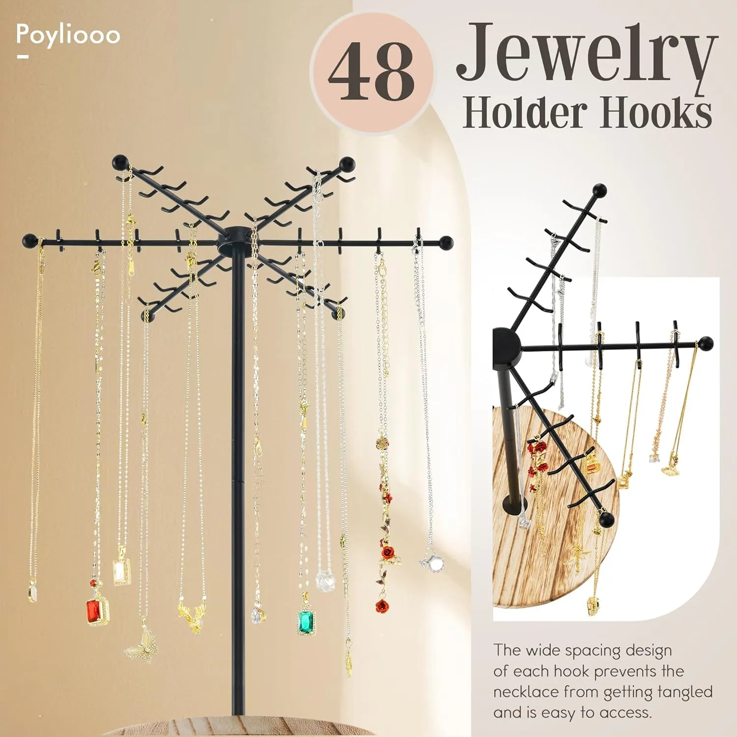 Necklace Holder Jewelry Stand, Rotating Necklace Holder Organizer with 48 Hooks for Necklace Earring Keychains Bracelet Display Stand, Metal Necklace Tree Stand -Gifts for Women (Black)