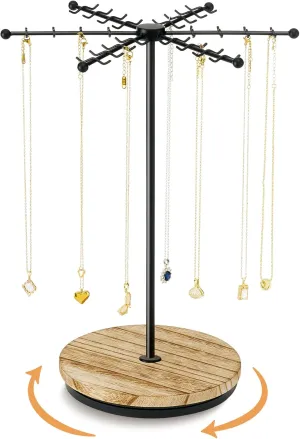Necklace Holder Jewelry Stand, Rotating Necklace Holder Organizer with 48 Hooks for Necklace Earring Keychains Bracelet Display Stand, Metal Necklace Tree Stand -Gifts for Women (Black)