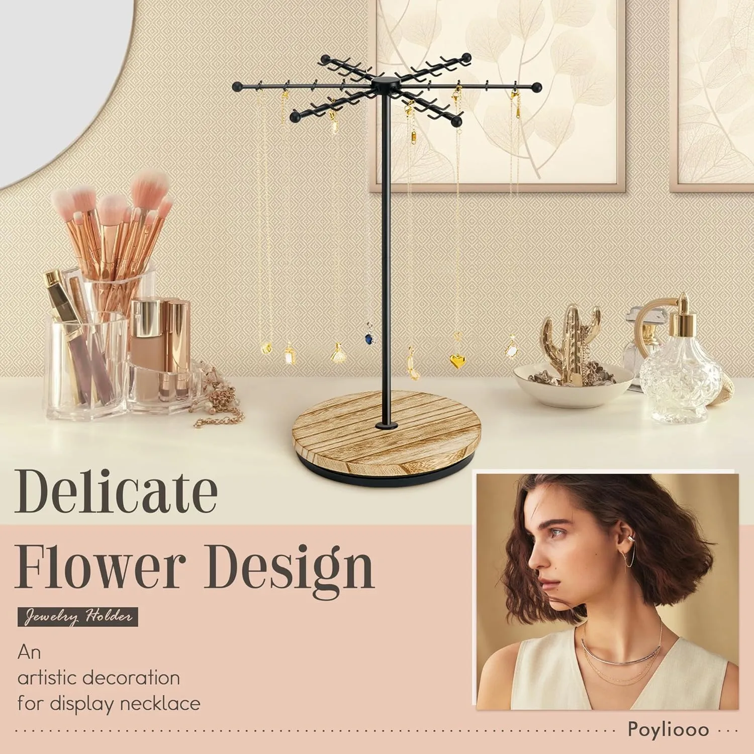 Necklace Holder Jewelry Stand, Rotating Necklace Holder Organizer with 48 Hooks for Necklace Earring Keychains Bracelet Display Stand, Metal Necklace Tree Stand -Gifts for Women (Black)