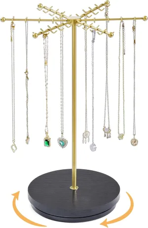 Necklace Holder Jewelry Stand, Rotating Necklace Holder Organizer with 48 Hooks for Necklace Earring Keychains Bracelet Display Stand, Metal Necklace Tree Stand -Gifts for Women (Blackgold)