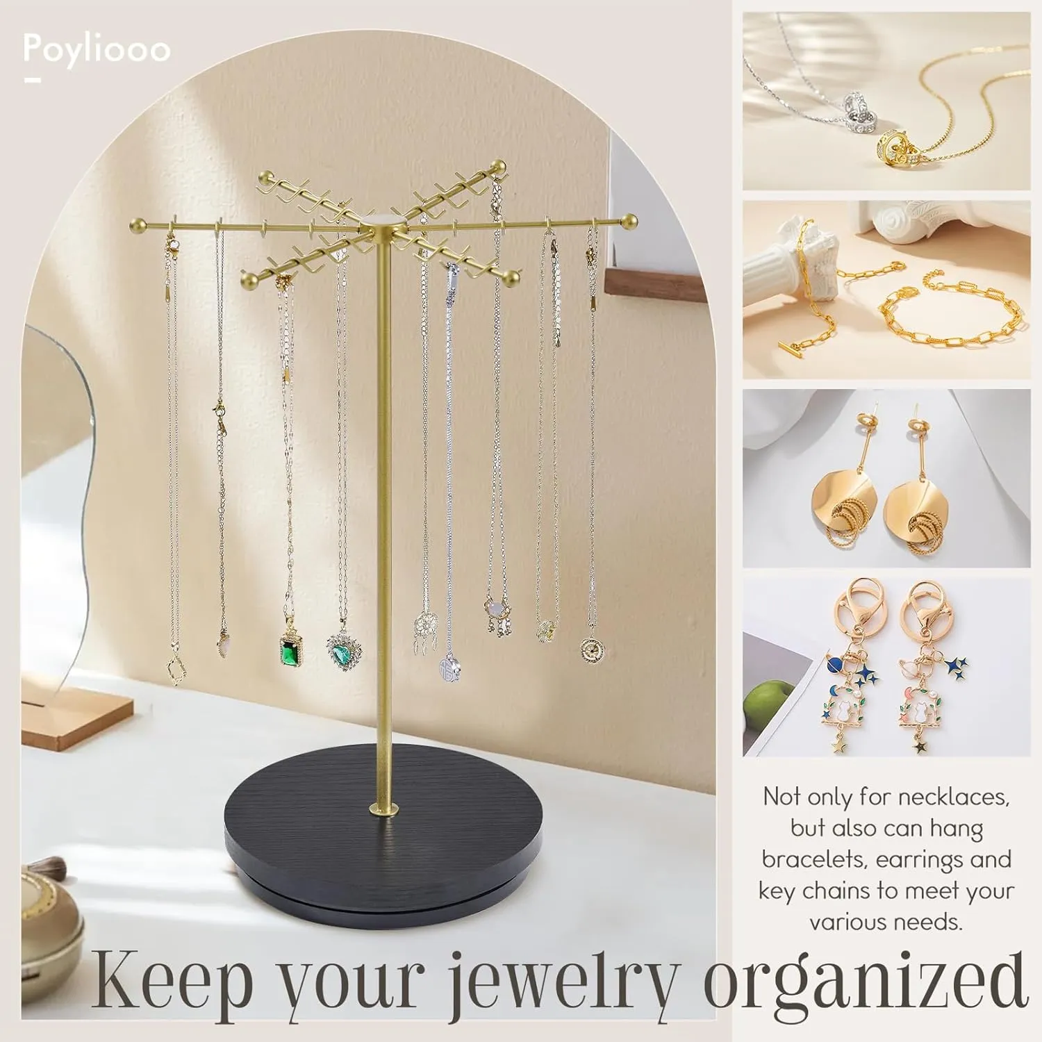 Necklace Holder Jewelry Stand, Rotating Necklace Holder Organizer with 48 Hooks for Necklace Earring Keychains Bracelet Display Stand, Metal Necklace Tree Stand -Gifts for Women (Blackgold)