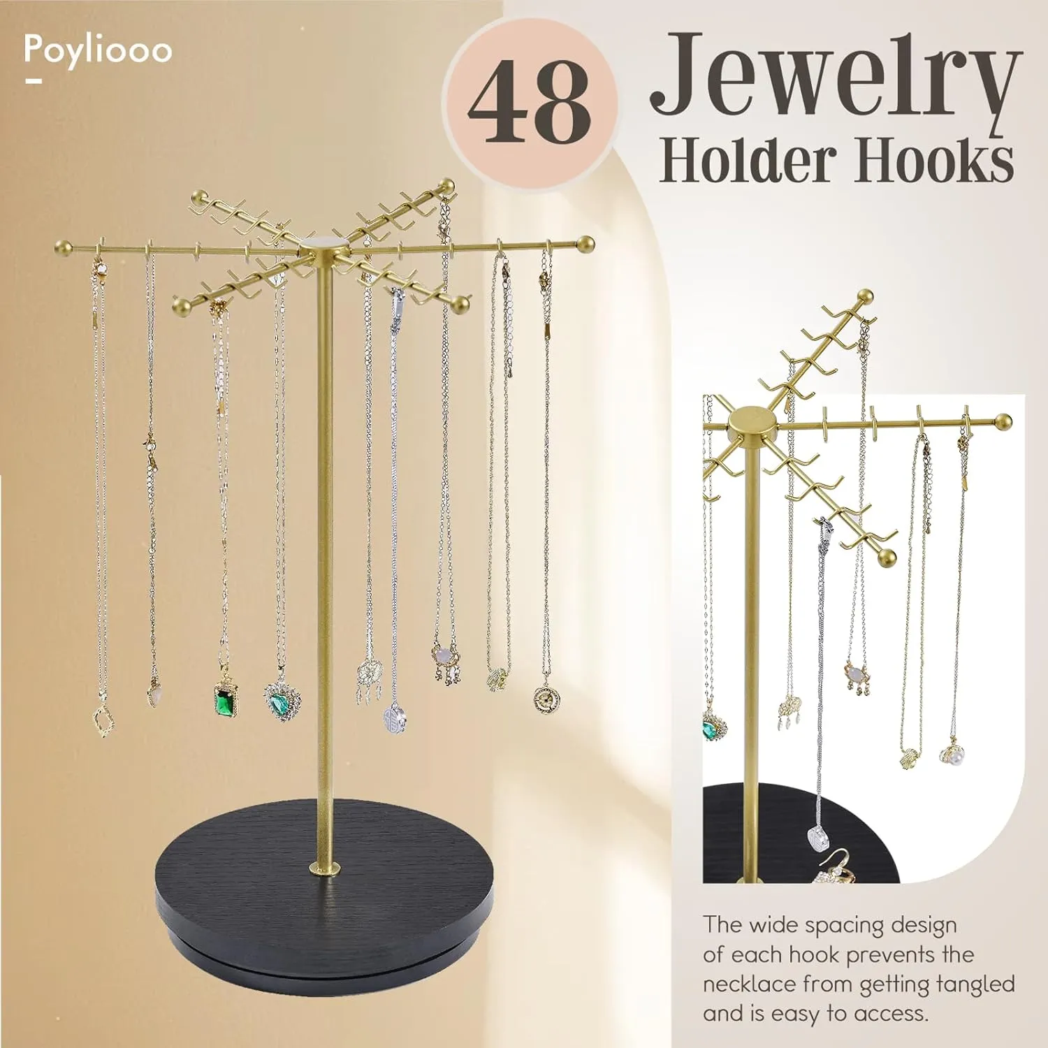 Necklace Holder Jewelry Stand, Rotating Necklace Holder Organizer with 48 Hooks for Necklace Earring Keychains Bracelet Display Stand, Metal Necklace Tree Stand -Gifts for Women (Blackgold)