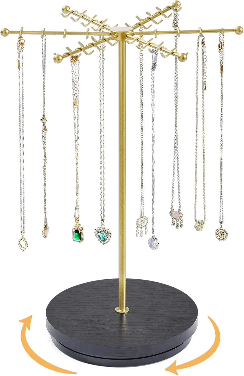 Necklace Holder Jewelry Stand, Rotating Necklace Holder Organizer with 48 Hooks for Necklace Earring Keychains Bracelet Display Stand, Metal Necklace Tree Stand -Gifts for Women (Blackgold)