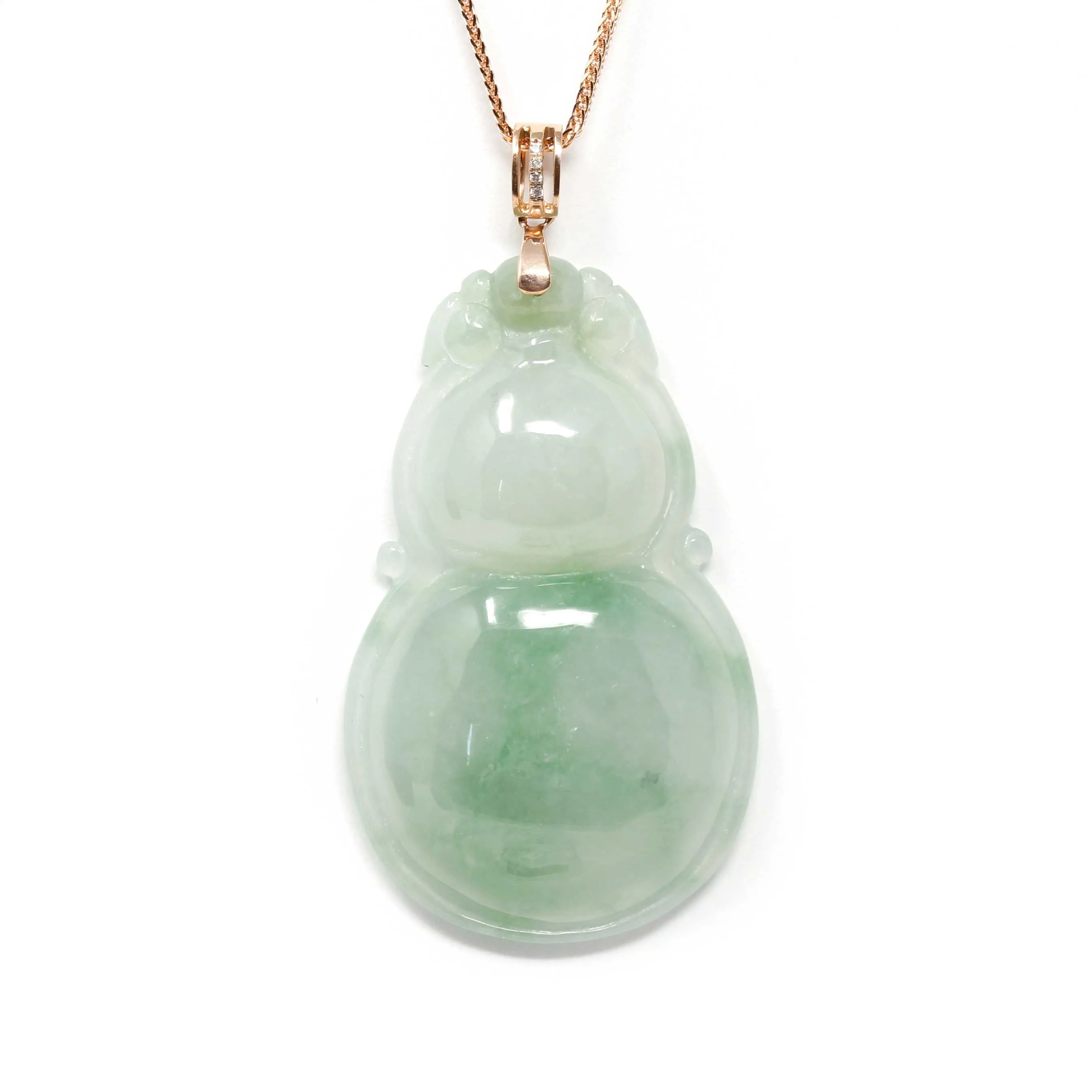 RealJade® "Lucky Gourd HuLu" Genuine Green Jadeite Bottle Gourd Pendant Necklace With 18k Rose Gold Diamond Bail