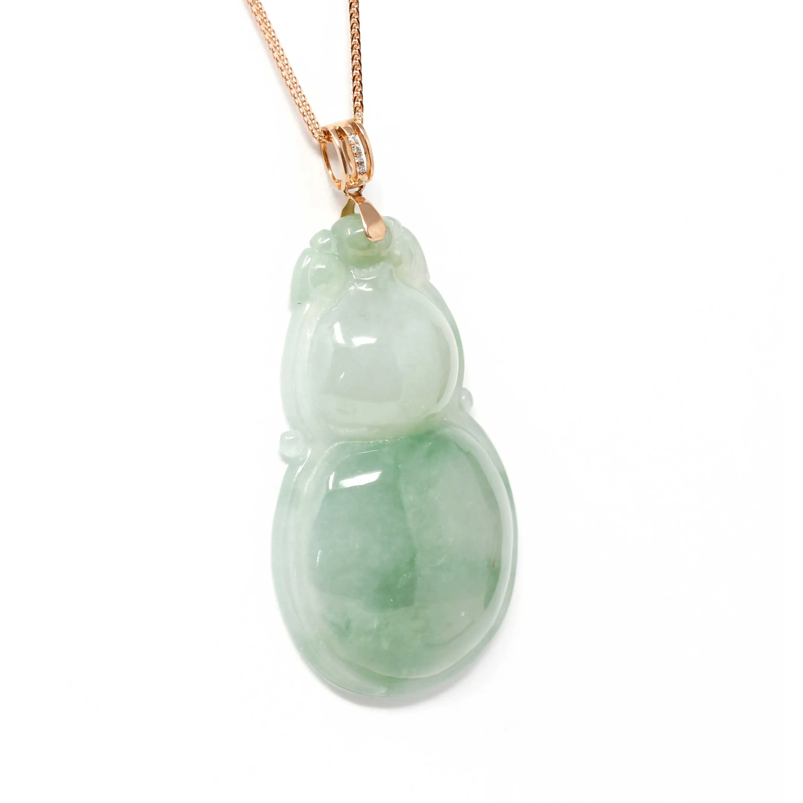 RealJade® "Lucky Gourd HuLu" Genuine Green Jadeite Bottle Gourd Pendant Necklace With 18k Rose Gold Diamond Bail