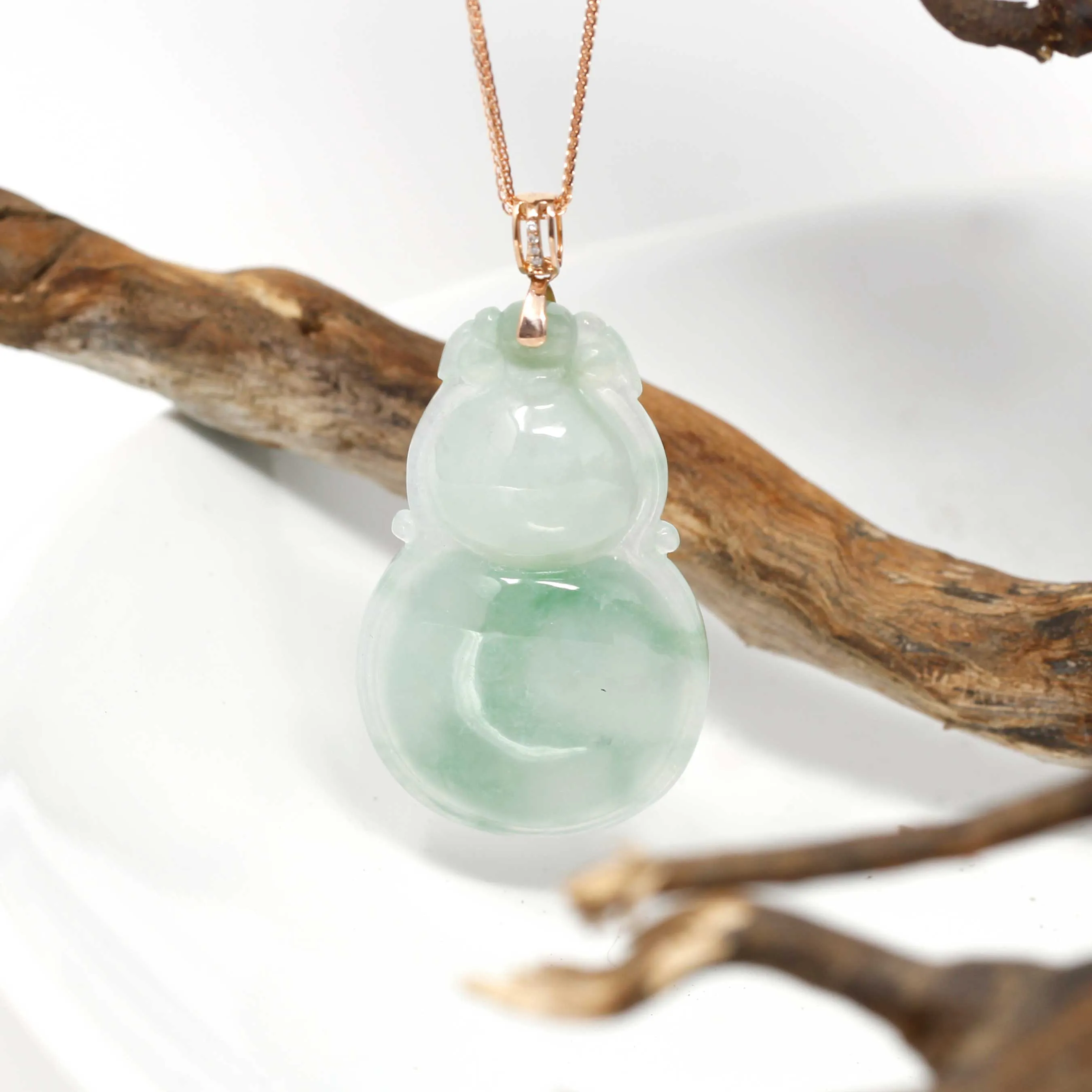 RealJade® "Lucky Gourd HuLu" Genuine Green Jadeite Bottle Gourd Pendant Necklace With 18k Rose Gold Diamond Bail