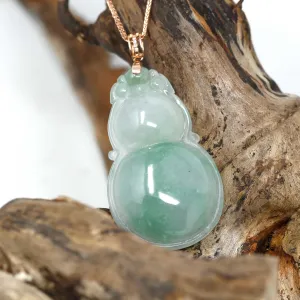 RealJade® "Lucky Gourd HuLu" Genuine Green Jadeite Bottle Gourd Pendant Necklace With 18k Rose Gold Diamond Bail