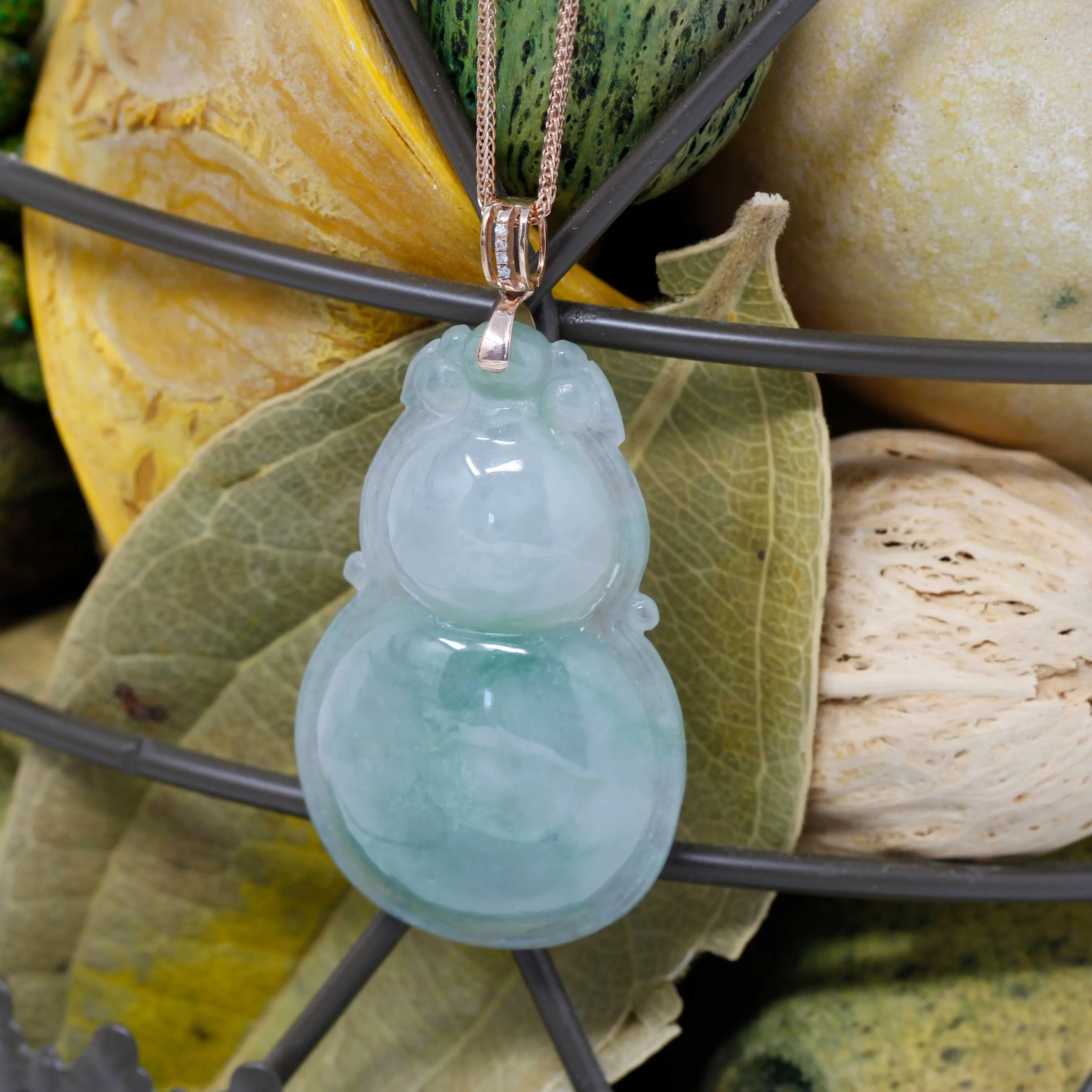 RealJade® "Lucky Gourd HuLu" Genuine Green Jadeite Bottle Gourd Pendant Necklace With 18k Rose Gold Diamond Bail
