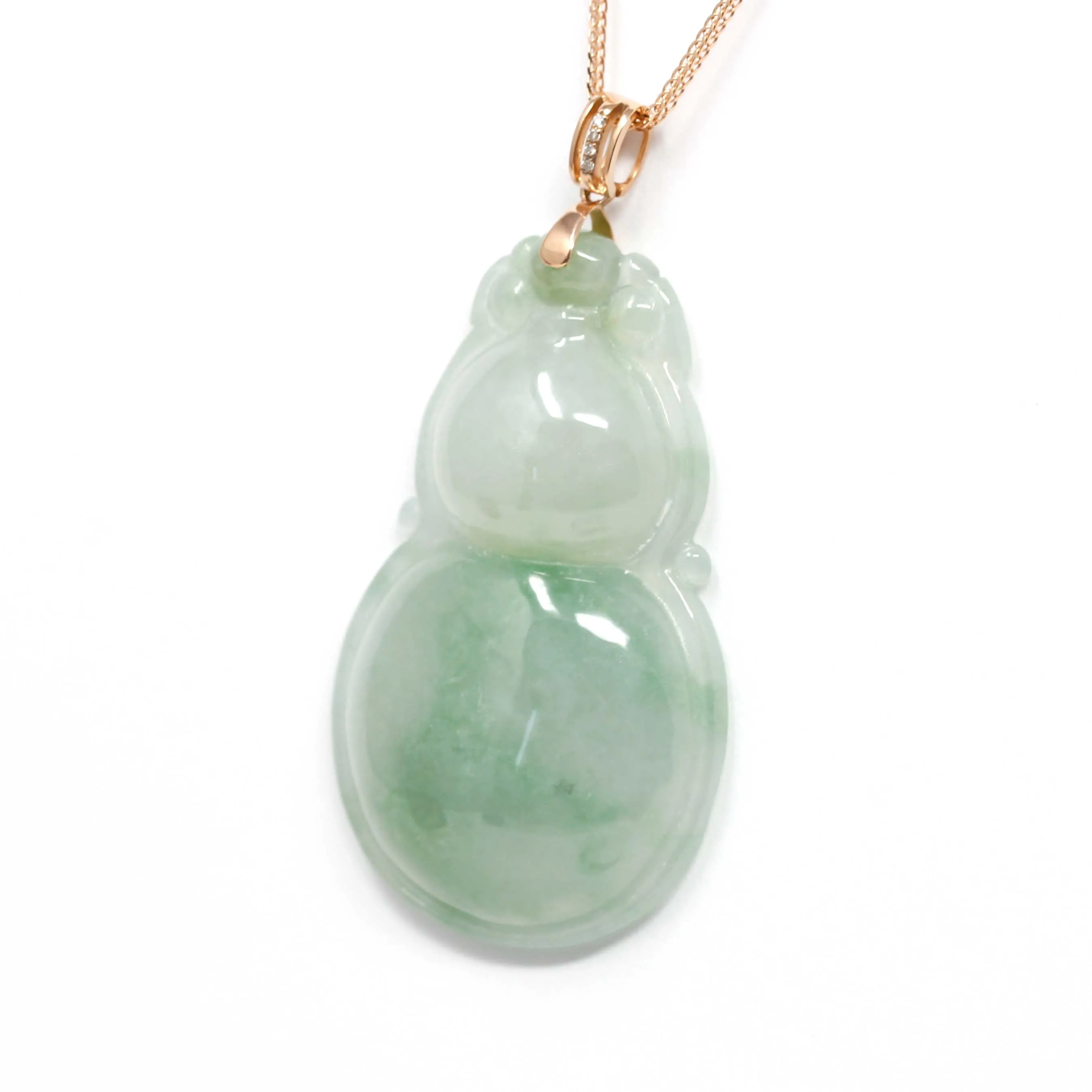 RealJade® "Lucky Gourd HuLu" Genuine Green Jadeite Bottle Gourd Pendant Necklace With 18k Rose Gold Diamond Bail