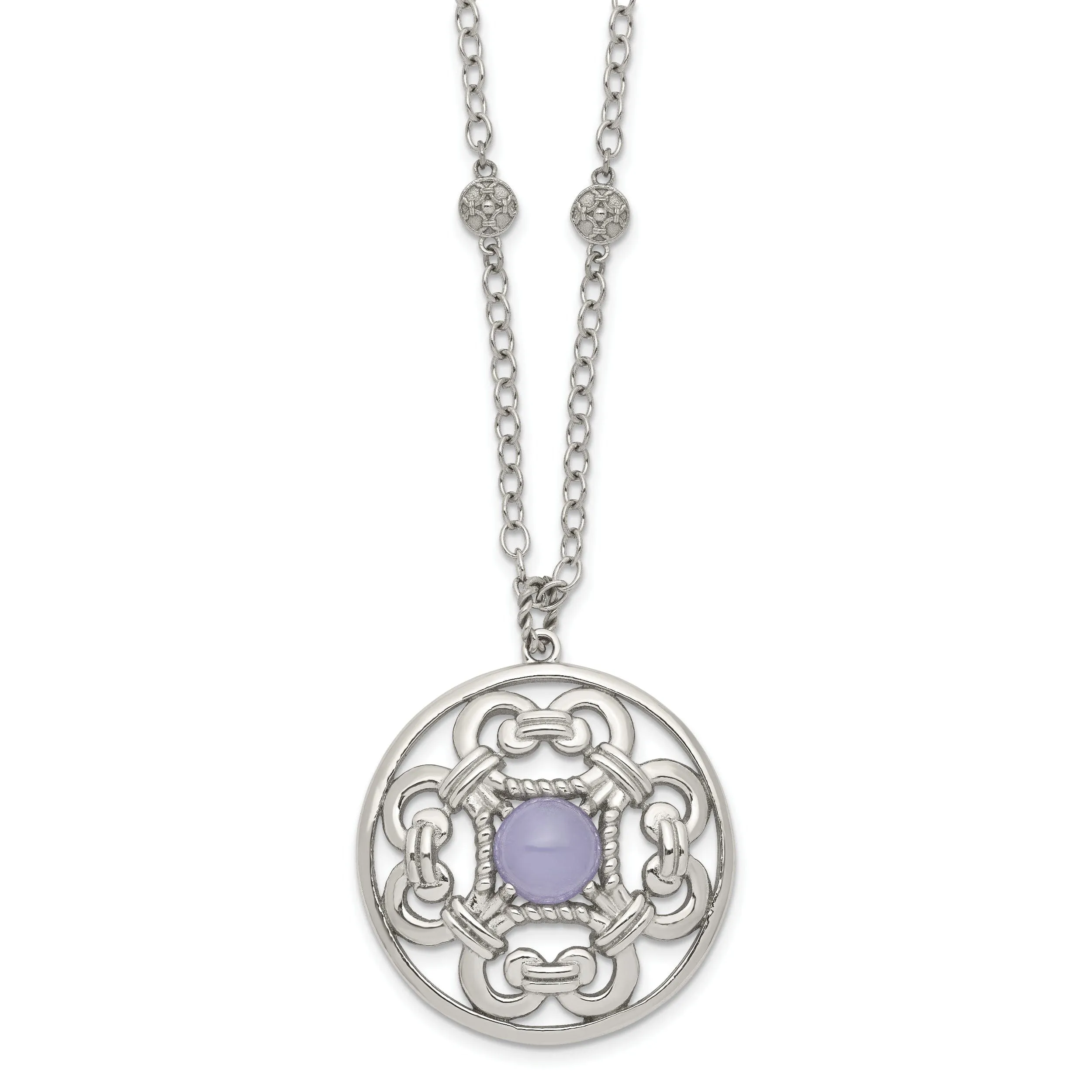 Stainles Steel Purple Calcedony Circle Necklace