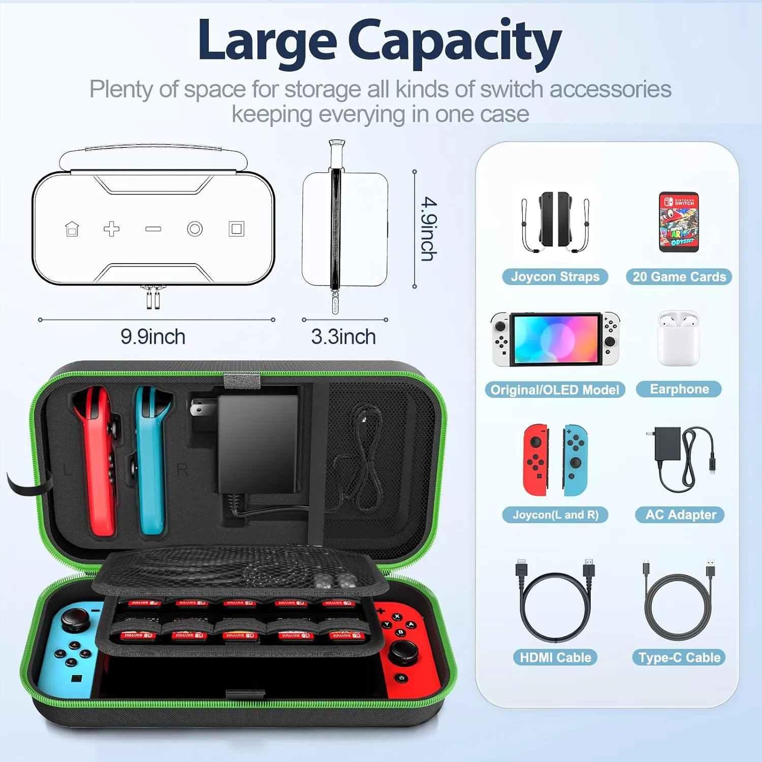 Switch OLED Carrying Case Compatible with Nintendo Switch & OLED, Portable Switch Travel Carry Case Fit for Joy-Con and Adapter, Hard Shell Protective Switch Pouch Bag with 20 Games, Green