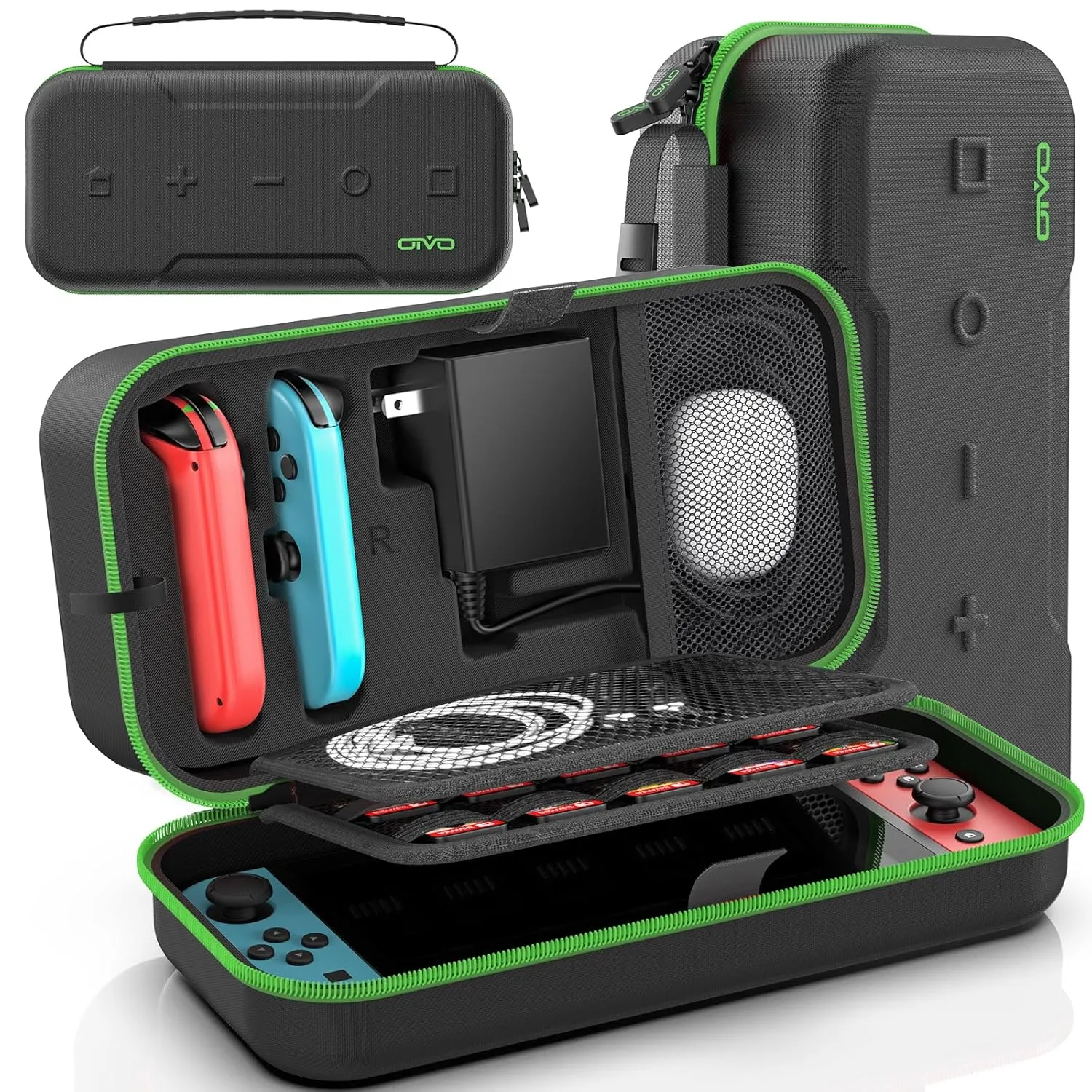Switch OLED Carrying Case Compatible with Nintendo Switch & OLED, Portable Switch Travel Carry Case Fit for Joy-Con and Adapter, Hard Shell Protective Switch Pouch Bag with 20 Games, Green