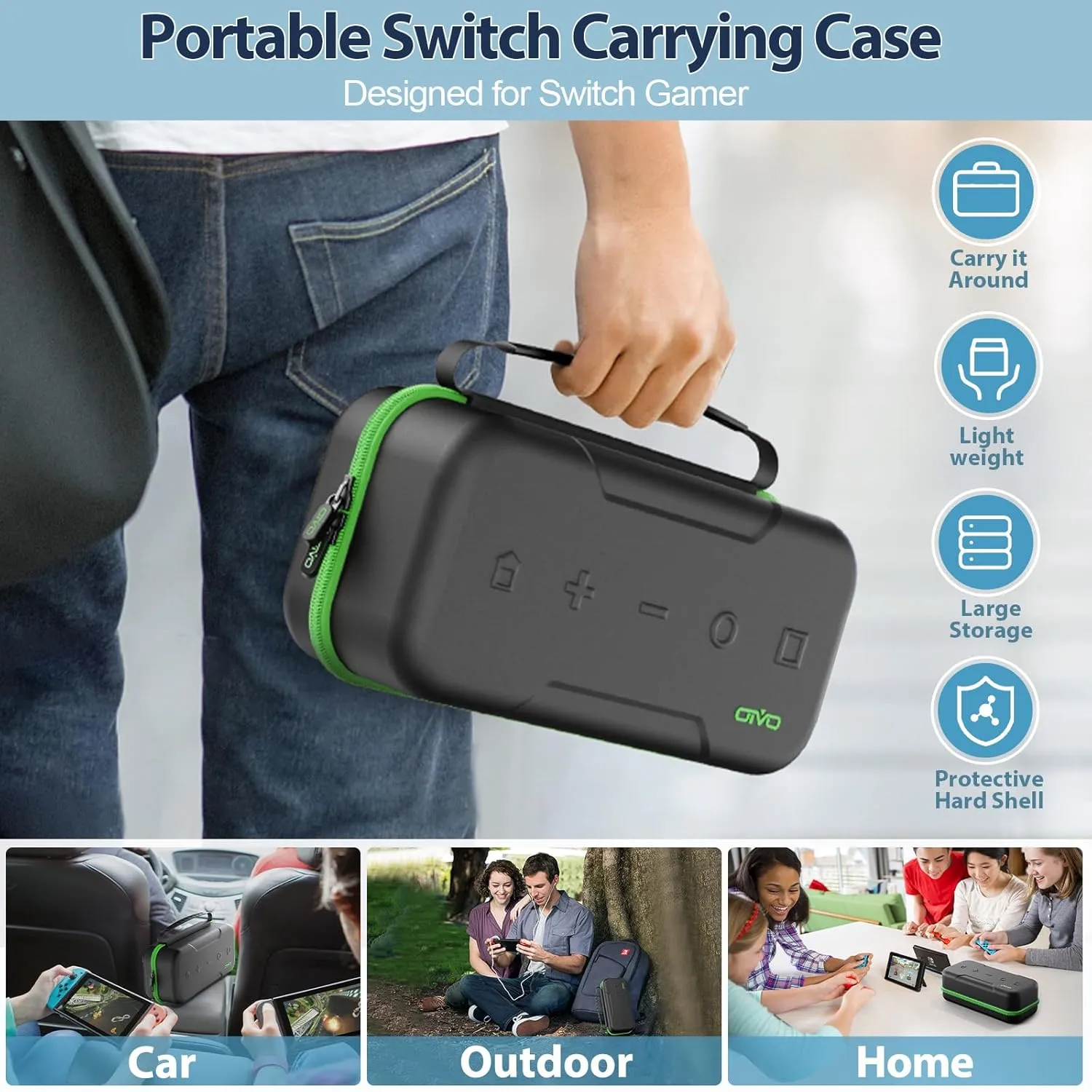 Switch OLED Carrying Case Compatible with Nintendo Switch & OLED, Portable Switch Travel Carry Case Fit for Joy-Con and Adapter, Hard Shell Protective Switch Pouch Bag with 20 Games, Green