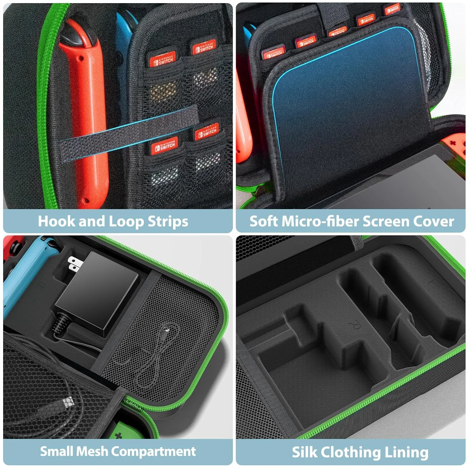Switch OLED Carrying Case Compatible with Nintendo Switch & OLED, Portable Switch Travel Carry Case Fit for Joy-Con and Adapter, Hard Shell Protective Switch Pouch Bag with 20 Games, Green