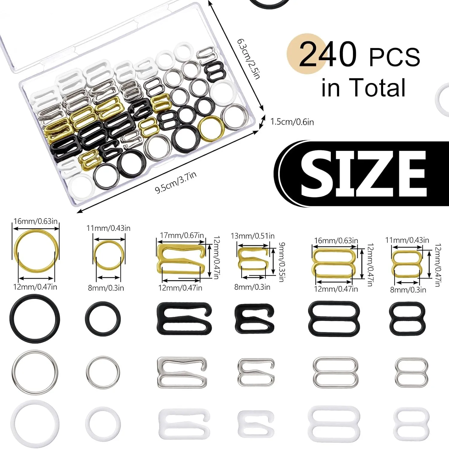 WILLBOND 240 Pcs Swimsuit Bra Strap Hooks Bra Strap Slide Rings Replacement Slider for Swimsuit Tops and Lingerie, 3 Styles, 2 Sizes